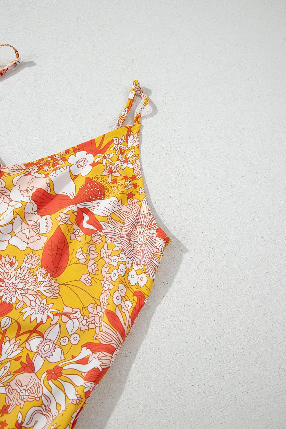 Orange Floral V Neck Wide Leg Sleeveless Jumpsuit Orange 100%Polyester