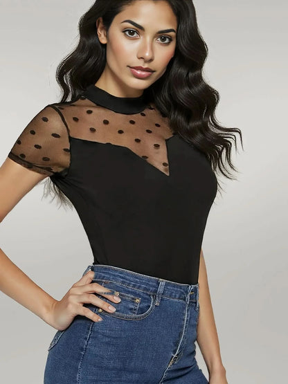 Mesh Polka Dot Mock Neck Top