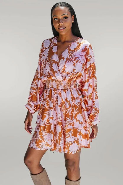 Brown Floral Puff Sleeve Smocked Waist Layered Dress Brown 100%Polyester
