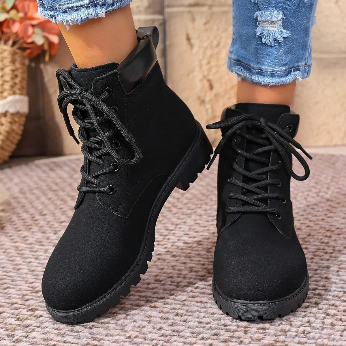 Lace Up Block Heel Boots Black