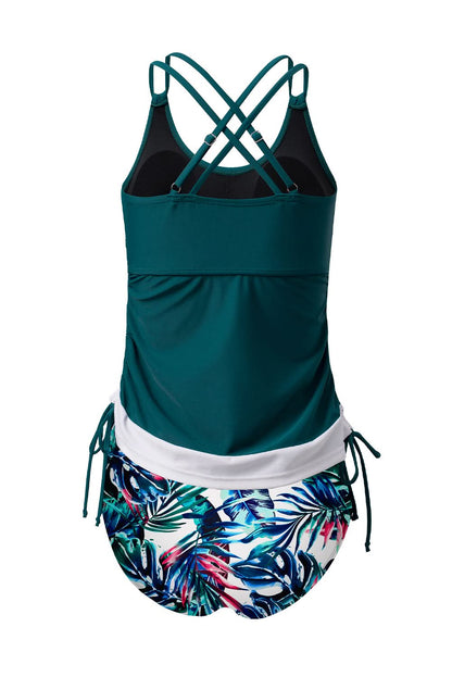 Mineral Red Drawstring Tummy Control Mix-and-match 2pcs Tankini Swimsuit Sea Green 82%Polyamide+18%Elastane