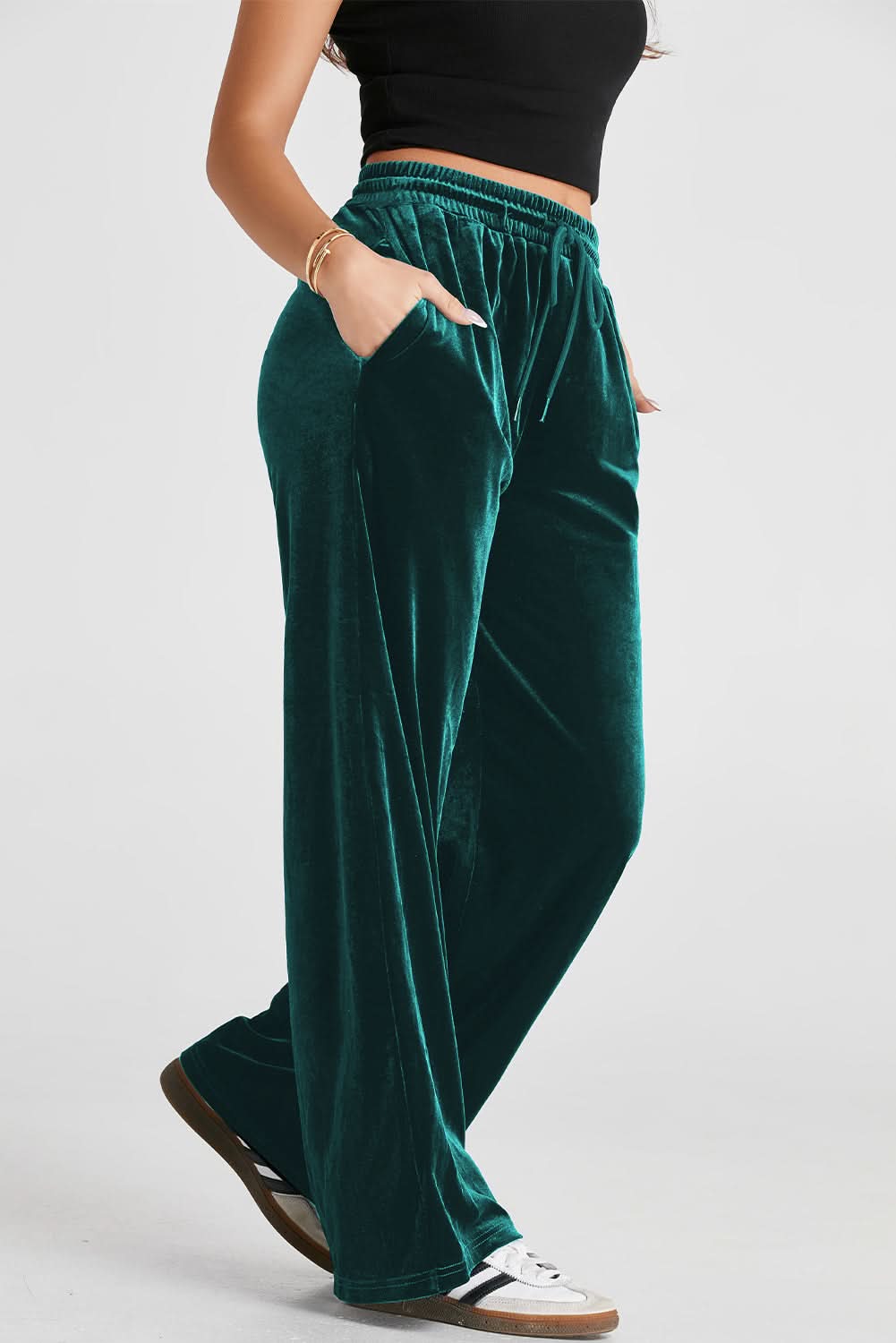Black Solid Drawstring Waist Wide Leg Pants Evergreen 95%Polyester+5%Elastane