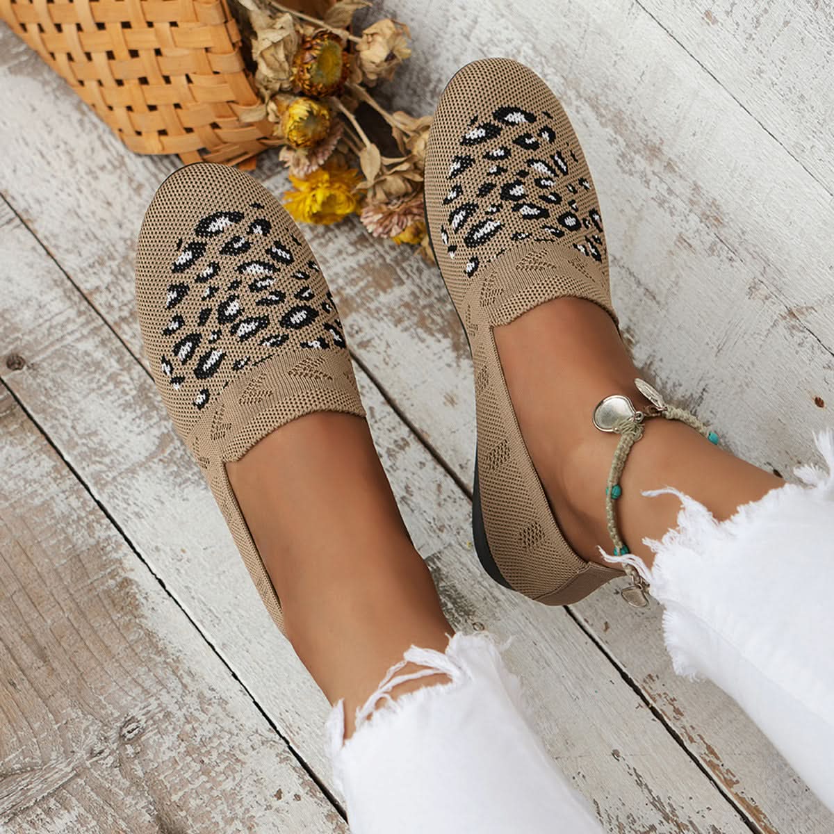 Leopard Mesh Round Toe Flat Slip-Ons Khaki