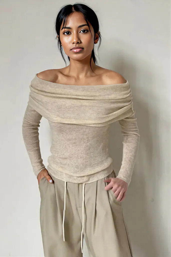 Off-Shoulder Long Sleeve Knit Top Khaki