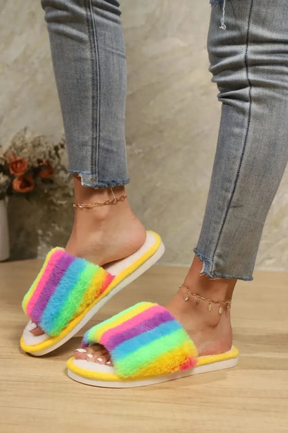 Color Block Open Toe Faux Fur PVC Slippers Yellow Multicolor