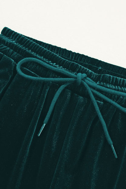 Black Solid Drawstring Waist Wide Leg Pants Evergreen 95%Polyester+5%Elastane