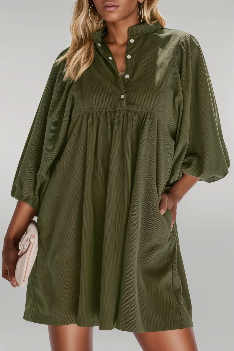 Vineyard Green Corduroy Snap Buttons Empire Waist Bracelet Sleeve Dress