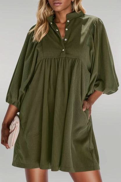 Vineyard Green Corduroy Snap Buttons Empire Waist Bracelet Sleeve Dress