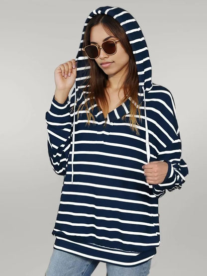 Drawstring Striped Long Sleeve Hoodie
