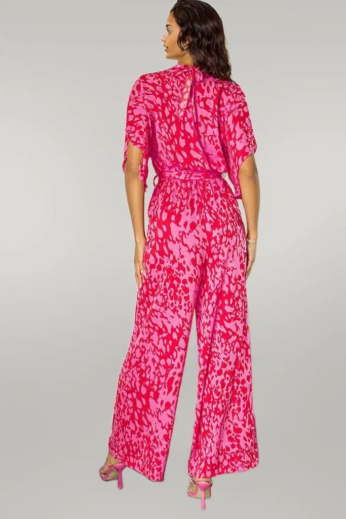 Rose Leopard Loose Sleeve Belted Wide Leg Jumpsuit