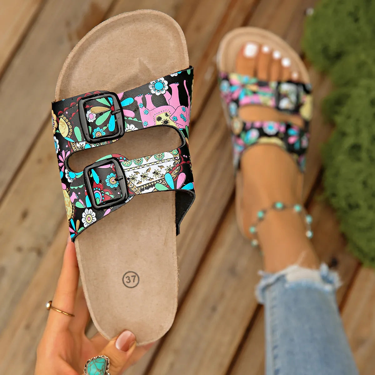 Printed Double Buckle Sandals