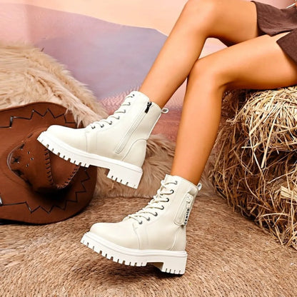 Lace-Up Platform Boots Ivory