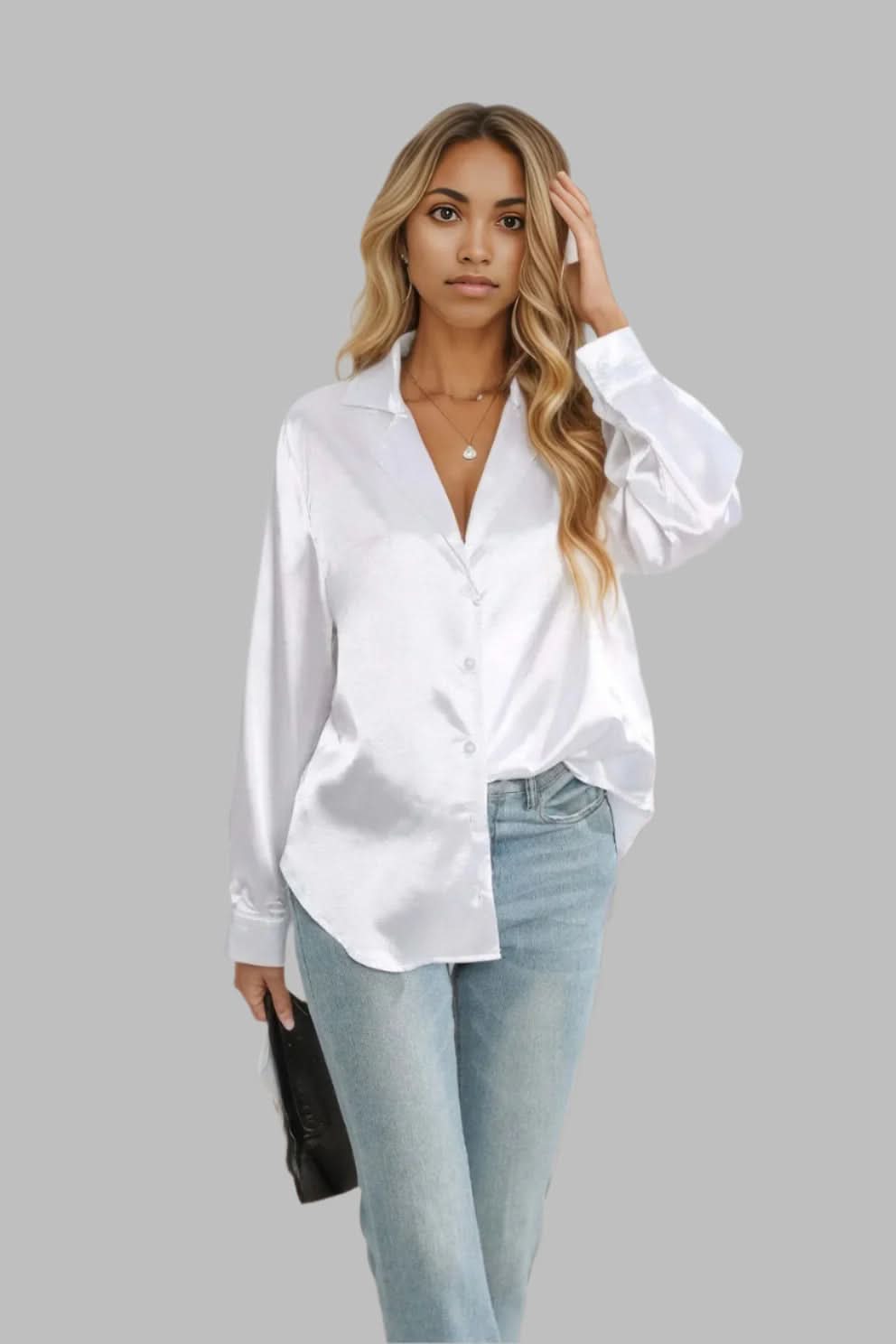 Lapel Collar Button Up Long Sleeve Shirt White