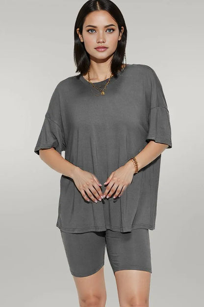 Basic Bae Full Size V-Neck Drop Shoulder T-Shirt and Shorts Set Dark Gray