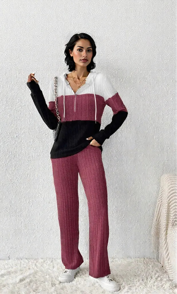 Color Block Half Zip Hooded Top and Pants Set