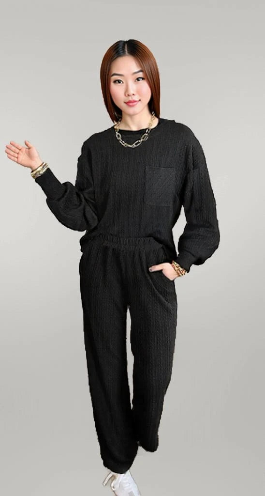 Round Neck Top and Pants Set Black