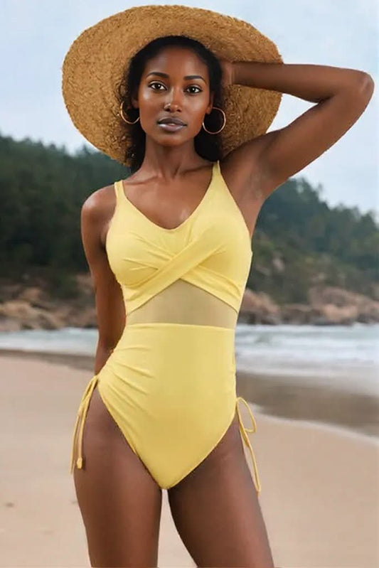Drawstring Ruched V-Neck One-Piece Swimwear Light Yellow