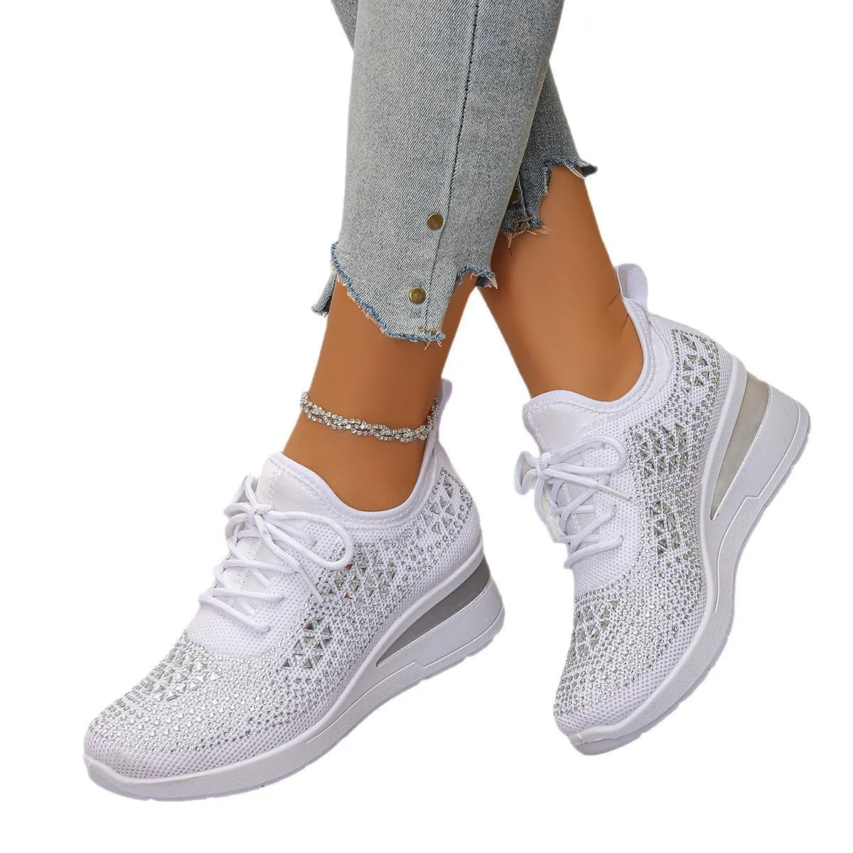 Breathable Mesh Rhinestone Wedge Athletic Sneakers Sky Blue