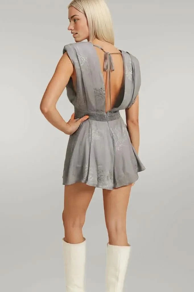 MABLE Draped Romper with Pleated Shoulder Pad Detail