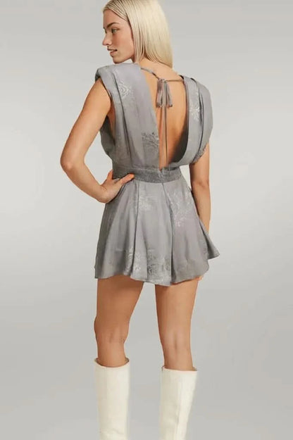 MABLE Draped Romper with Pleated Shoulder Pad Detail