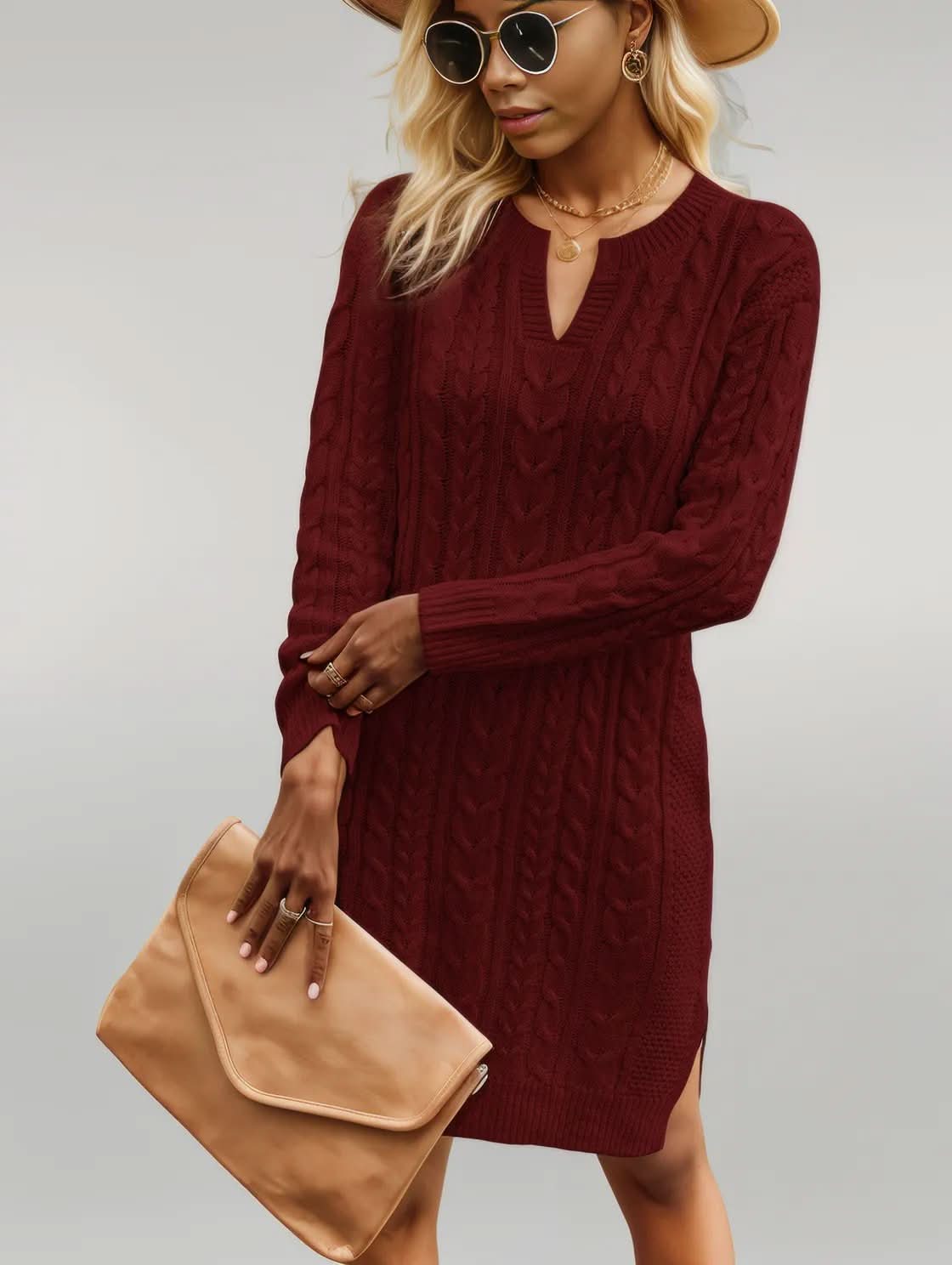 Notched Neck Cable-Knit Slit Sweater Dress