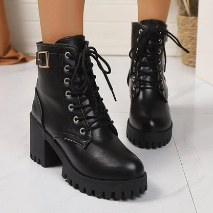 Lace Up Block Heel Boots Black
