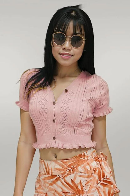 Buttoned Frill Hem Cropped Knit Top Dusty Pink One Size