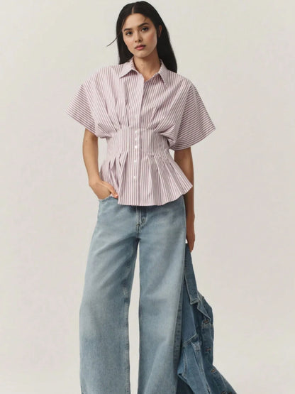 Striped Short Sleeve Button-Up Shirt Blush Pink