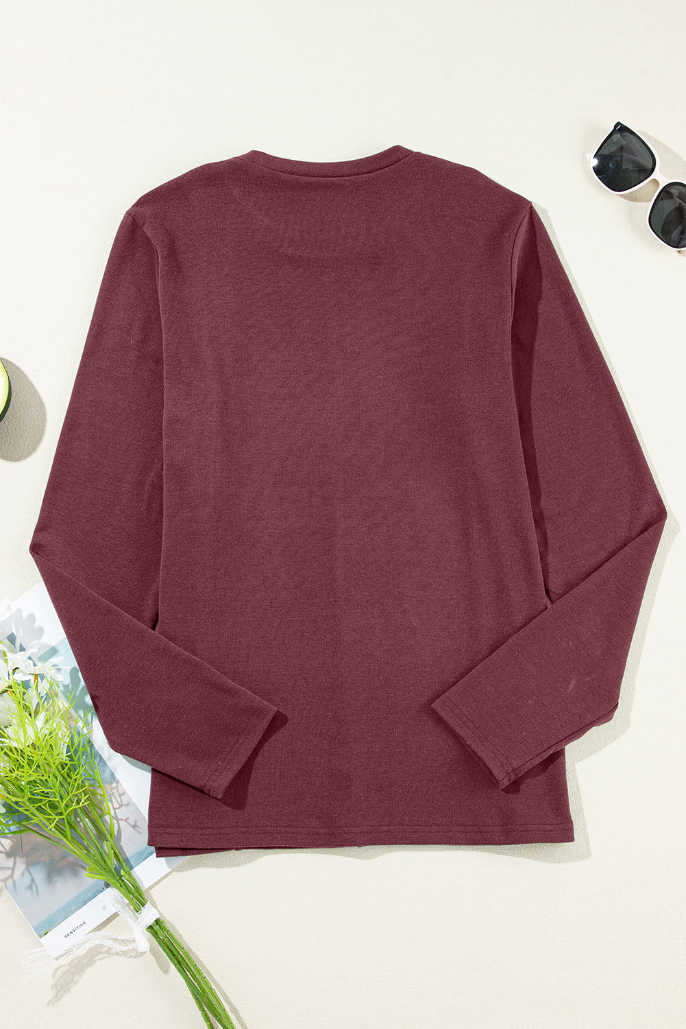 Black Solid Exposed Seam Crew Neck Long Sleeve Top