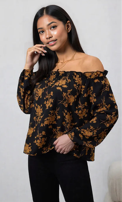 Printed Off-Shoulder Balloon Sleeve Blouse