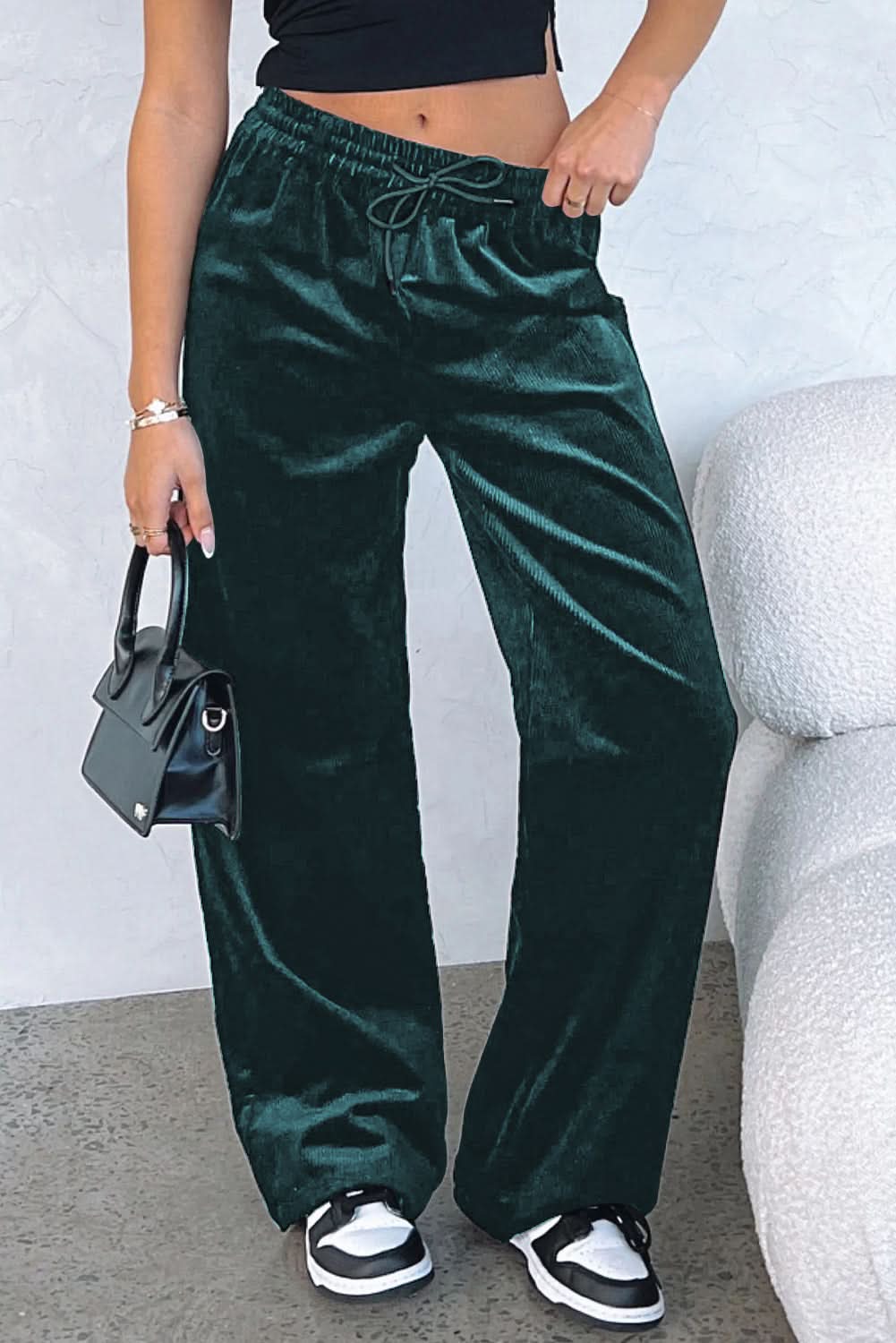 Black Solid Drawstring Waist Wide Leg Pants Evergreen 95%Polyester+5%Elastane