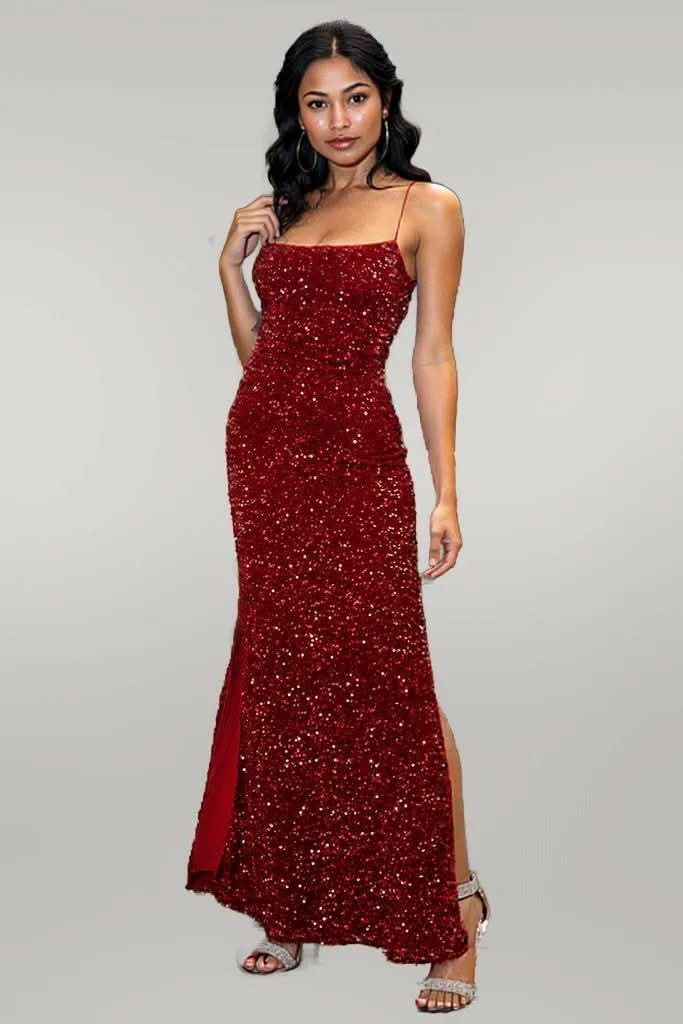 Sequin Backless Split Maxi Dress Wine
