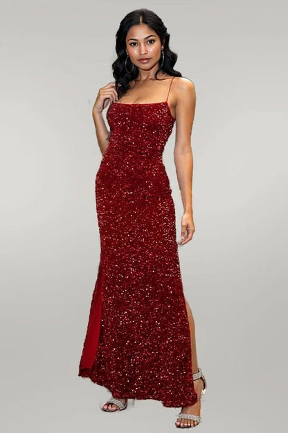 Sequin Backless Split Maxi Dress Wine