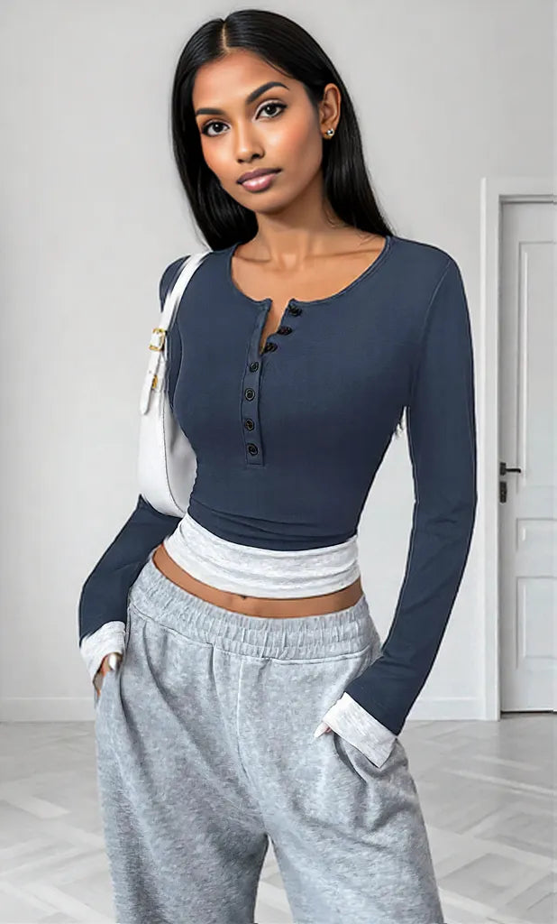 Long Sleeve Button Front Fitted T-Shirt Dark Blue