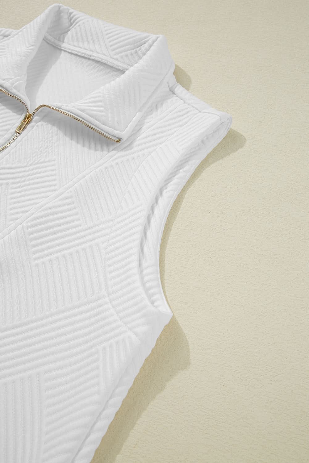 White Textured Half Zip Tank Top Drawstring Shorts Set White 97%Polyester+3%Elastane