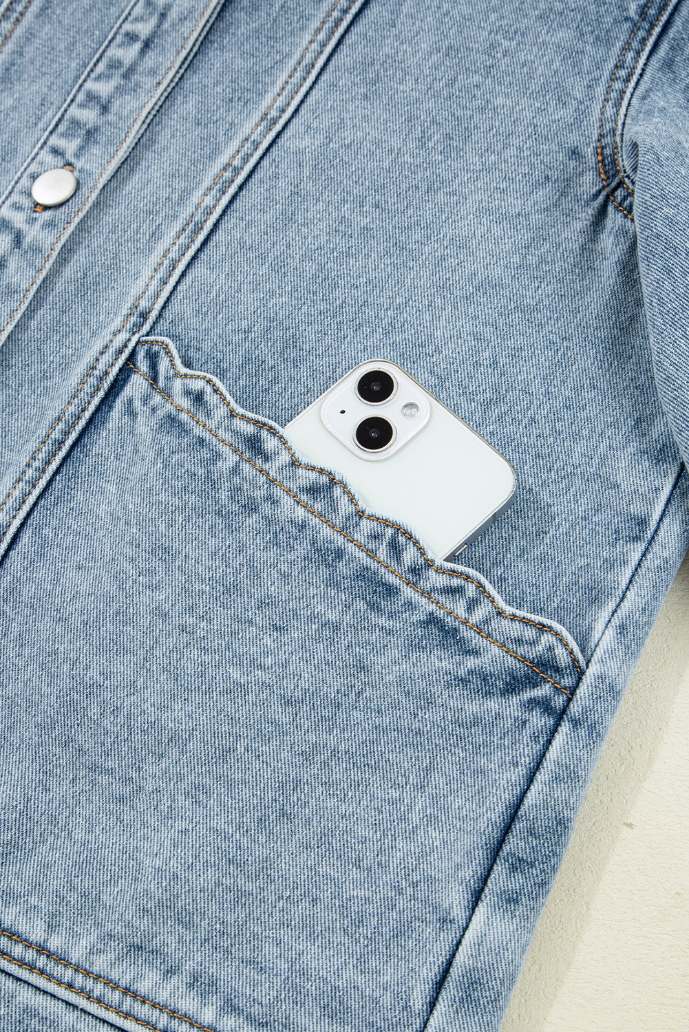 Sail Blue Scallop Trim Collar Patched Pocket Button Up Denim Jacket Myosotis 75%Cotton+25%Polyester