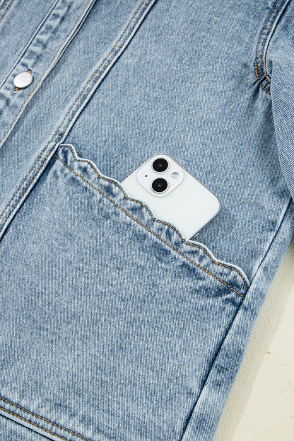 Sail Blue Scallop Trim Collar Patched Pocket Button Up Denim Jacket Myosotis 75%Cotton+25%Polyester