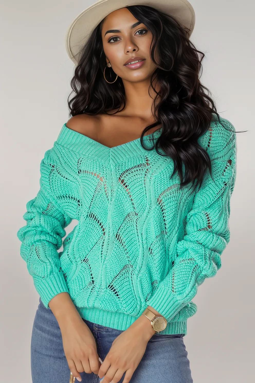 Mint Green Hollow Out Knit V Neck Drop Shoulder Sweater Mint Green 48%Acrylic+42%Polyamide+10%Wool