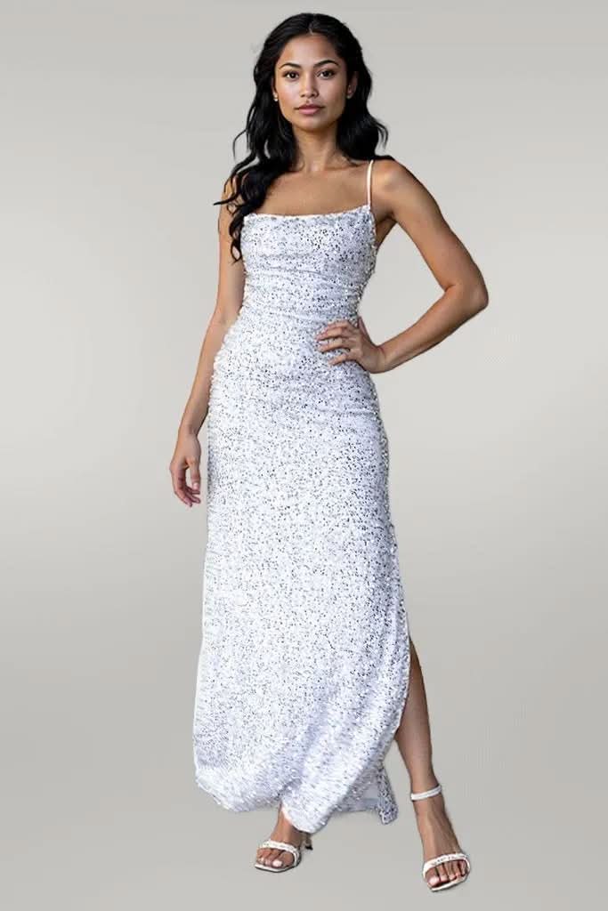 Sequin Backless Split Maxi Dress White
