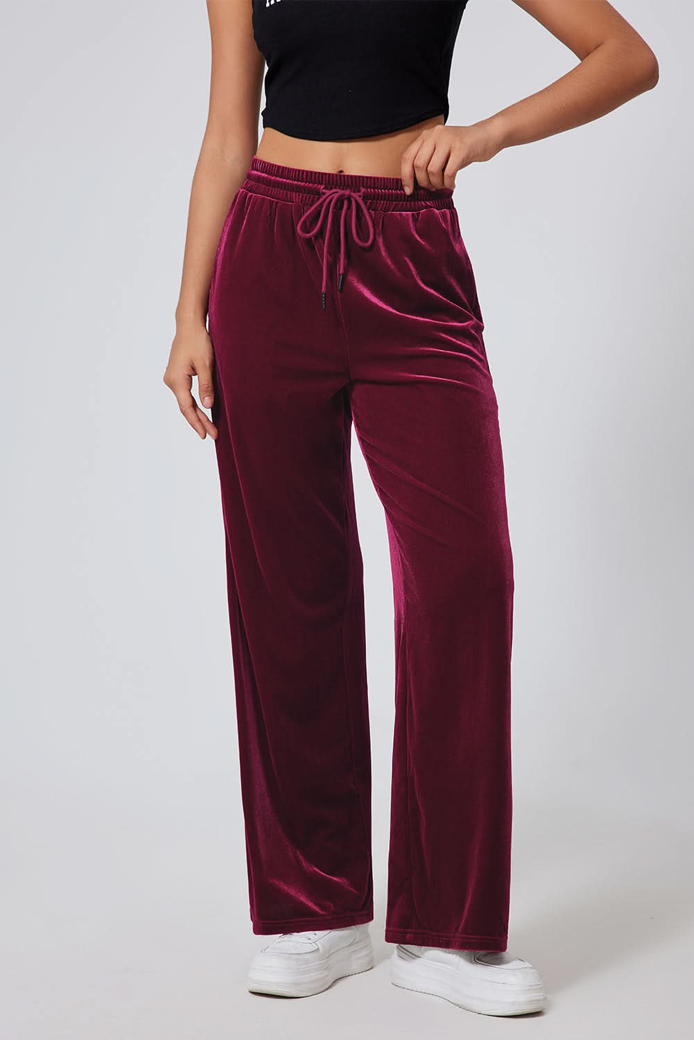 Black Solid Drawstring Waist Wide Leg Pants Burgundy 95%Polyester+5%Elastane
