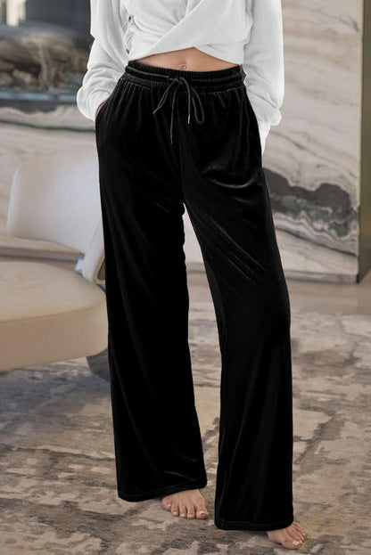 Black Solid Drawstring Waist Wide Leg Pants Black 95%Polyester+5%Elastane