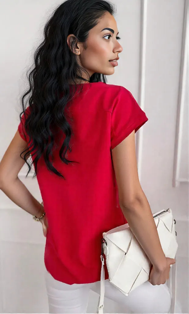 V-Neck Short Sleeve T-Shirt Red