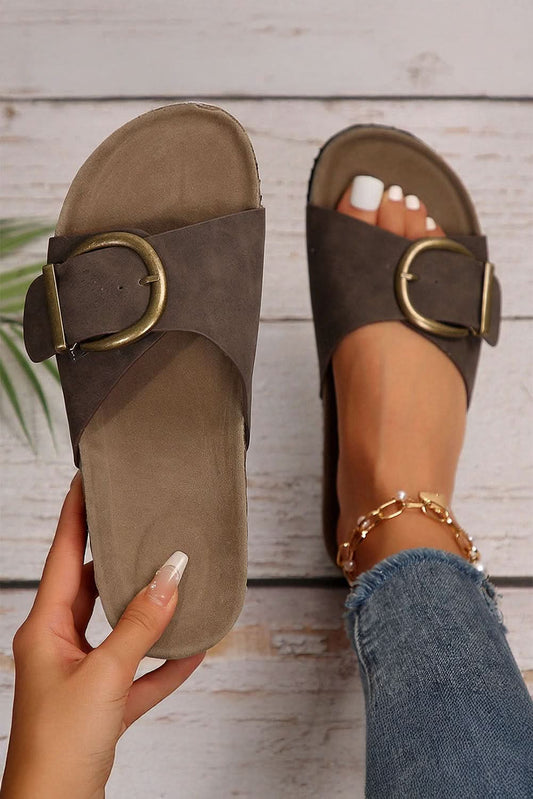 Coffee Buckle Decor Faux Suede Thick Sole Slippers Coffee FabricA:100%Polyester+FabricB:100%TPR