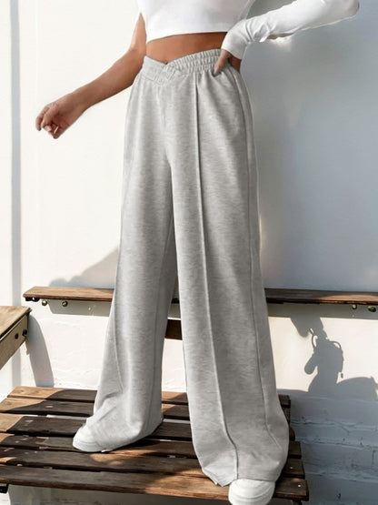 Perfee Elastic Waist Wide Leg Pants Light Gray