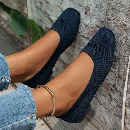 Square Toe Solid Color Mesh Slip-Ons Dark Blue