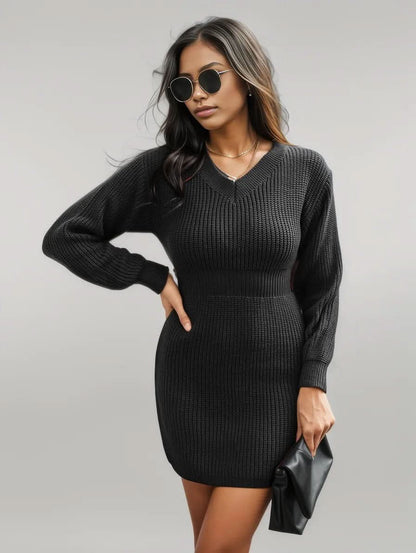 Rib-Knit V-Neck Sweater Dress Black