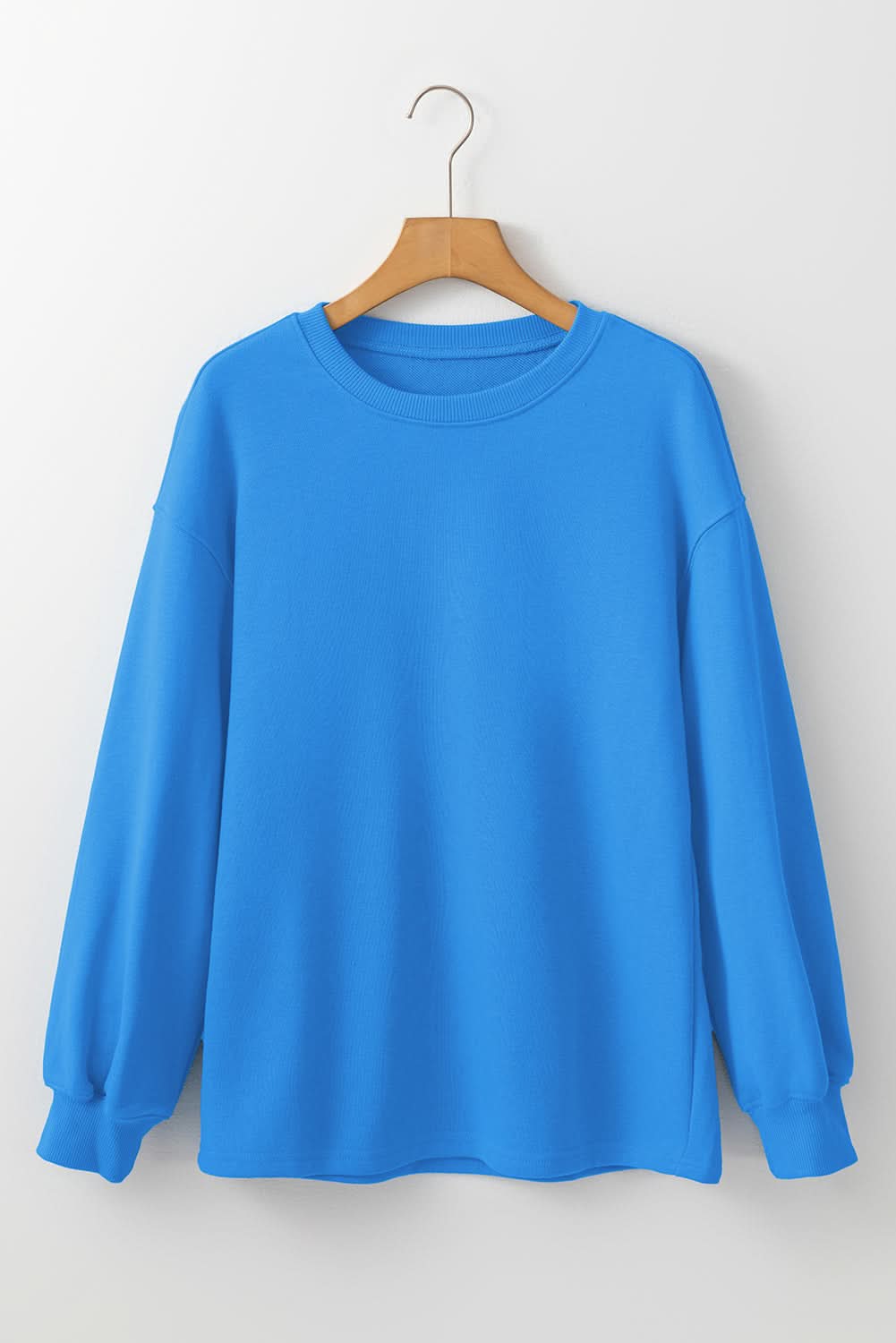 Sky Blue Solid Color Drop Shoulder Long Sleeve Basic Sweatshirt Sky Blue 50%Polyester+50%Cotton