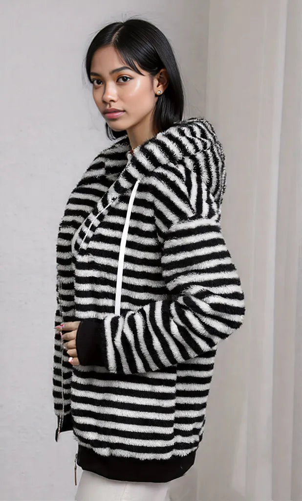 Striped Fuzzy Zip Up Hooded Outerwear