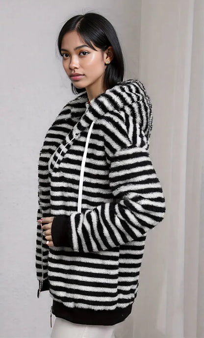 Striped Fuzzy Zip Up Hooded Outerwear