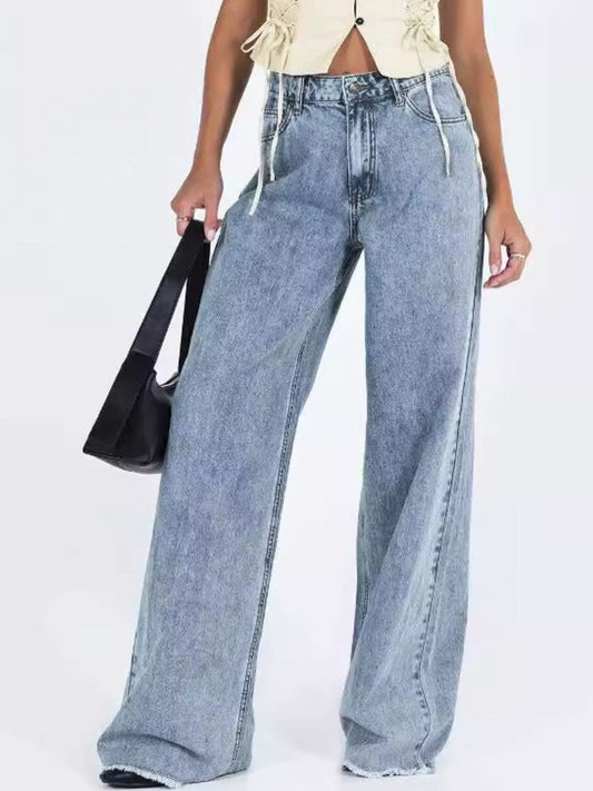 Wide Leg Drizzle Jeans with Pockets - High-Waisted Denim for Everyday Wear